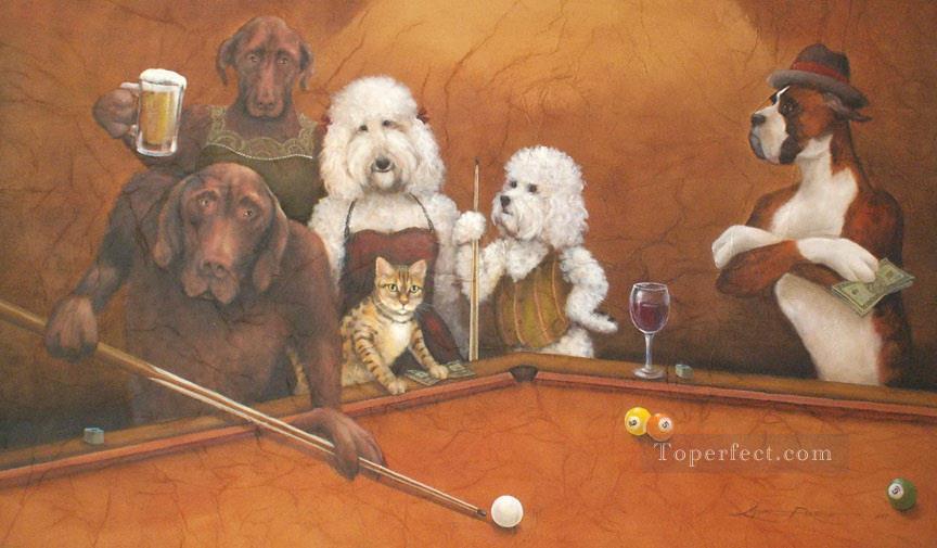 chat chiens jouant au billard Animaux facétieux Peintures à l'huile